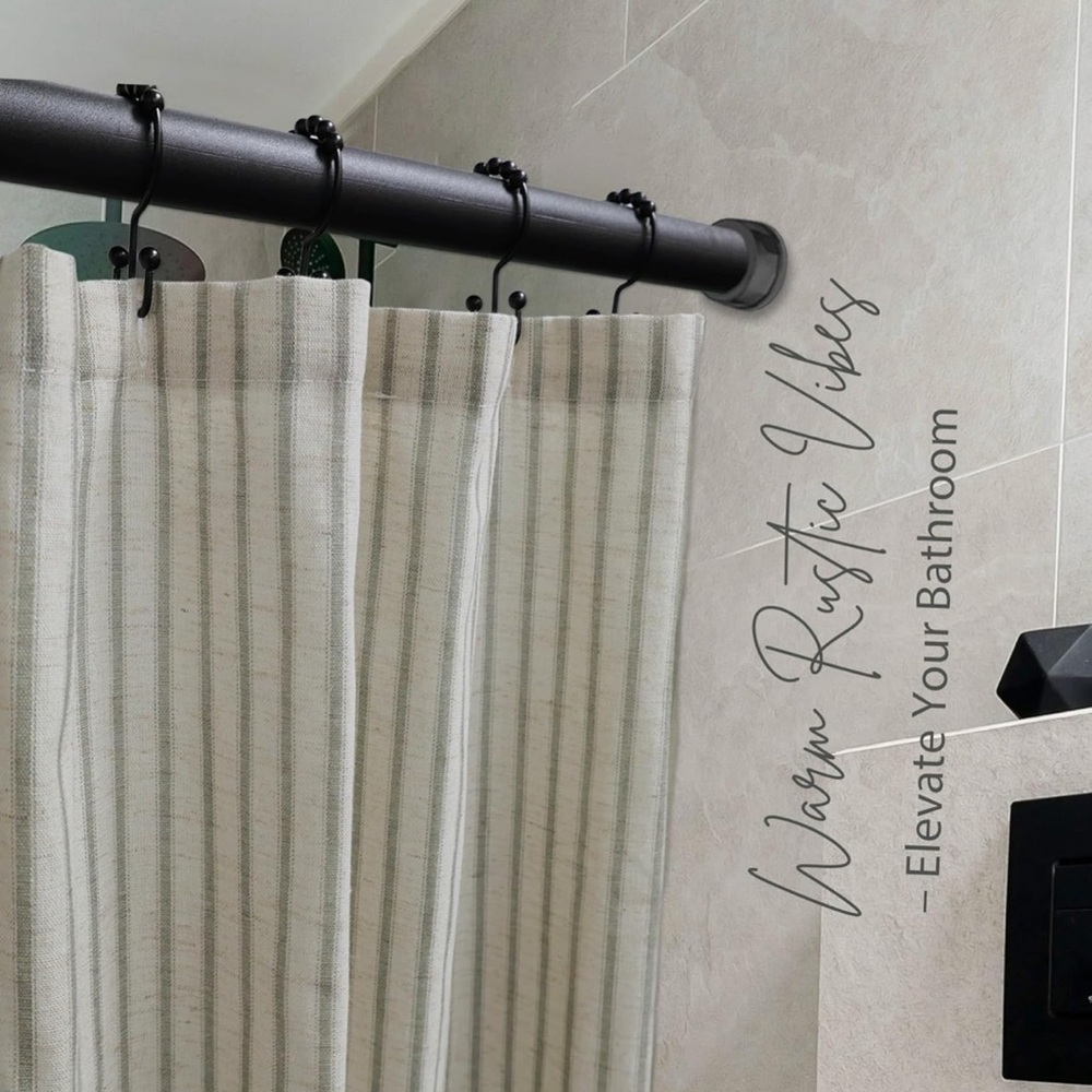 Farmhouse Striped Shower Curtain - 72x72 Inches, Linen Blend Fabric Sage Green - Picture 6 of 7